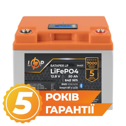 Аккумулятор LP LiFePO4 12,8V - 50 Ah (640Wh) (BMS 40A/40А) пластик LCD Smart BT