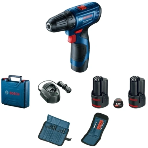 Bosch GSR 120-LI (06019G8002) Акумуляторний шурупокрут + 2 акб 2.0 Ah + ЗУ + набір біт 11 шт. + набір свердл 12 шт.