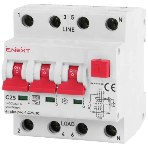 Enext e.rcbo.pro.4.C25.30, 3P+N, 25А, С, тип А, 30 Вимикач диференціального струму із захистом від надструмів