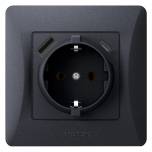 VIDEX BINERA Розетка одинарна із заземленням з USB+USB-C чорний графіт