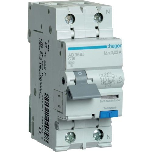 Hager 1+N С16/30mA 6кА, тип-A AD966J Дифавтомат