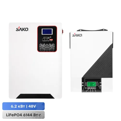 Комплект резервного питания Sako: гибридный инвертор 6.2 кВт SUNON IV 48В +120A MPPT и аккумуляторная батарея 51.2В 6144Втч Li-Sun series LiFePo4